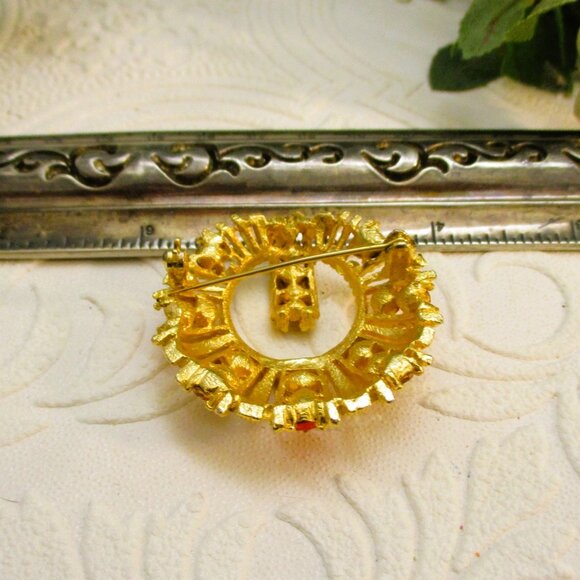 VINTAGE Marigold Tiger Orange Rhinestone Gold Plated Brooch ~ MID-CENTURY Brooch - Picture 12 of 13